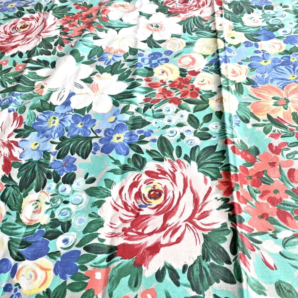 Vintage 1980s tablecloth floral motif green blue pink peach cottage farmhouse
